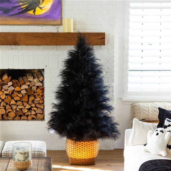 Nearly Natural 6-ft H Black Pampas Grass Artificial Halloween Tree w/ Leg Base