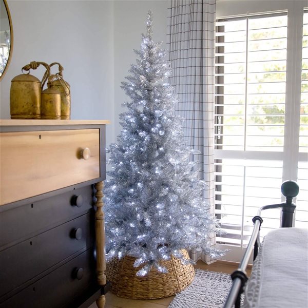 Nearly Natural 6-ft H Pine Silver Artificial Christmas Tree w/ 300 Cool White LED Lights w/ Leg Base