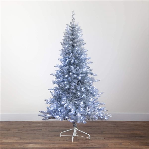Nearly Natural 6-ft H Pine Silver Artificial Christmas Tree w/ 300 Cool White LED Lights w/ Leg Base
