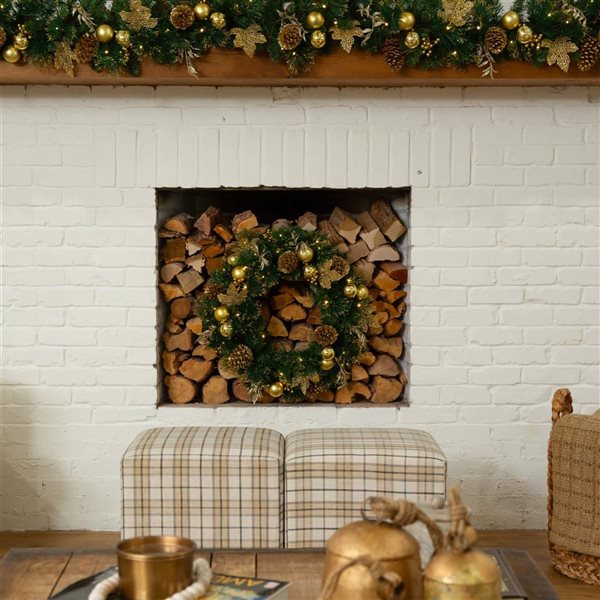 Nearly Natural 24-in Dia. Pre-Lit Gold Frosted Artificial Christmas Wreath w/ 50 Warm White LED Lights Pinecones/Berries