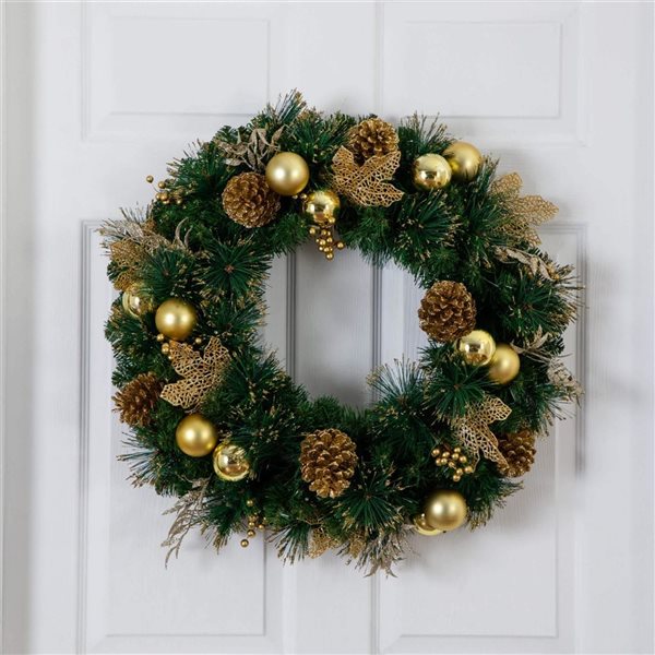 Nearly Natural 24-in Dia. Pre-Lit Gold Frosted Artificial Christmas Wreath w/ 50 Warm White LED Lights Pinecones/Berries