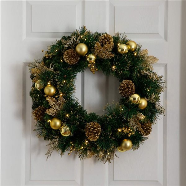 Nearly Natural 24-in Dia. Pre-Lit Gold Frosted Artificial Christmas Wreath w/ 50 Warm White LED Lights Pinecones/Berries
