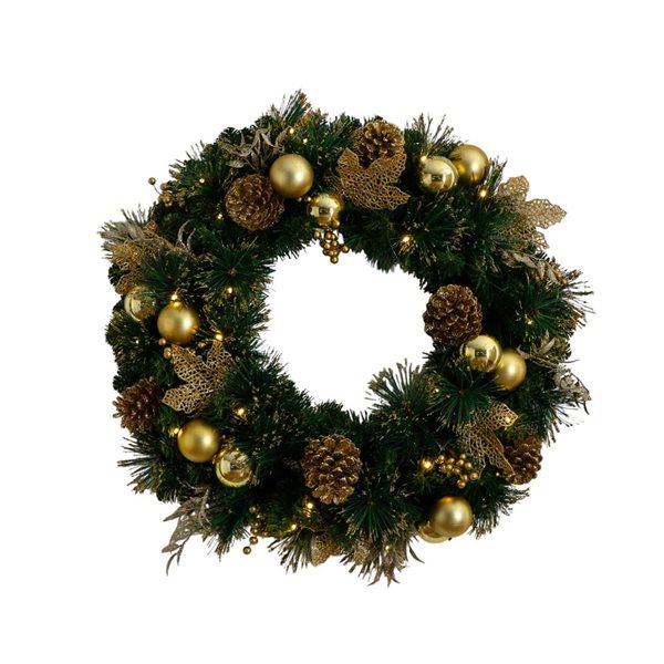 Nearly Natural 24-in Dia. Pre-Lit Gold Frosted Artificial Christmas Wreath w/ 50 Warm White LED Lights Pinecones/Berries