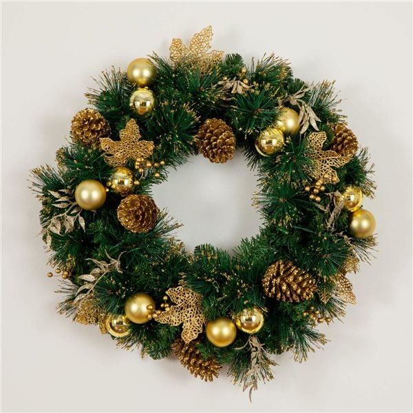 Nearly Natural 24-in Dia. Pre-Lit Gold Frosted Artificial Christmas Wreath w/ 50 Warm White LED Lights Pinecones/Berries