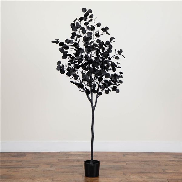 Nearly Natural 6-ft H Black Eucalyptus Artificial Halloween Tree w/ Potted Base