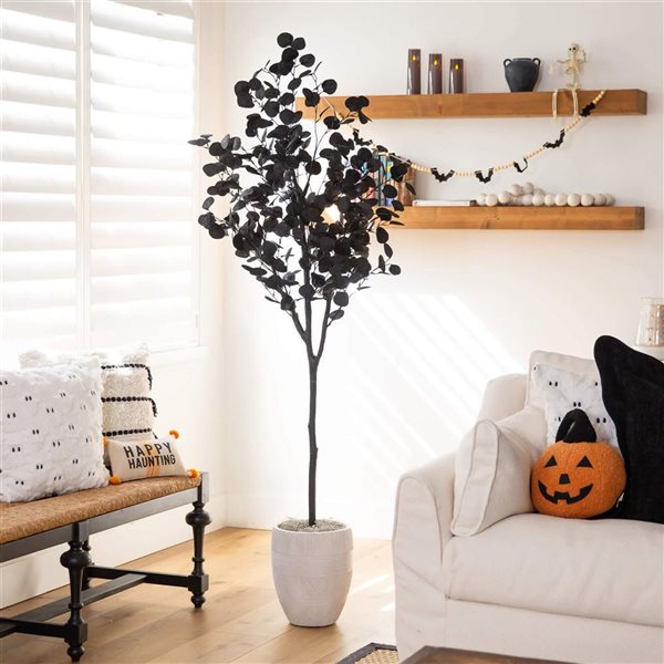 Nearly Natural 6-ft H Black Eucalyptus Artificial Halloween Tree w/ Potted Base