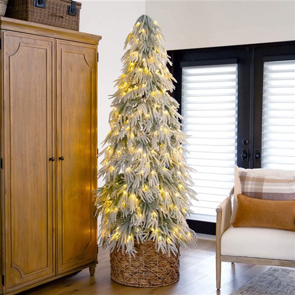 Nearly Natural 7-ft H Pine Flocked Down Swept Artificial Christmas Tree w/ 300 LED Lights and Leg Base