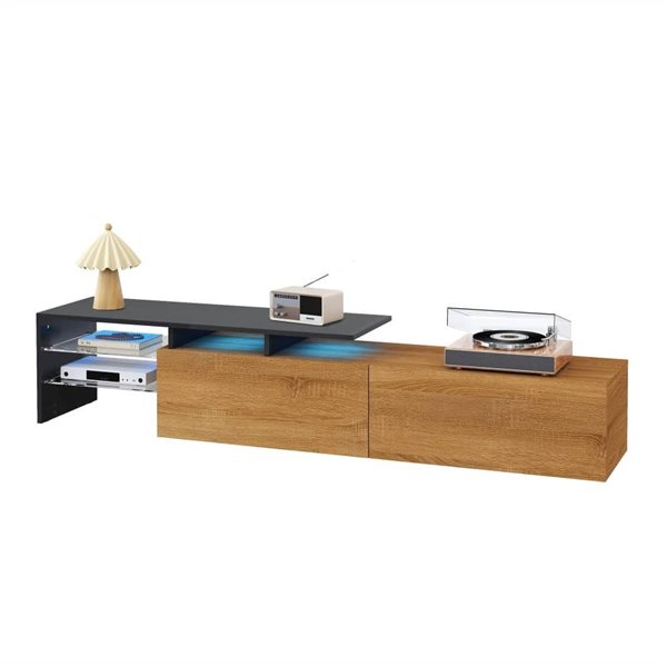Homy Casa 67-in W 2-Drawer Black/Natural Wood-Look Modern TV stand w/ Glass Shelves and LED Light