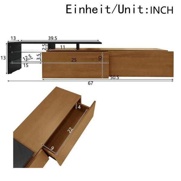 Homy Casa 67-in W 2-Drawer Black/Natural Wood-Look Modern TV stand w/ Glass Shelves and LED Light