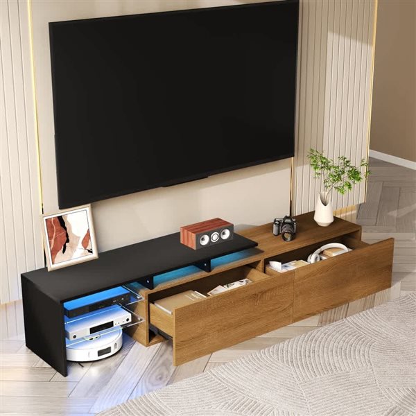Homy Casa 67-in W 2-Drawer Black/Natural Wood-Look Modern TV stand w/ Glass Shelves and LED Light