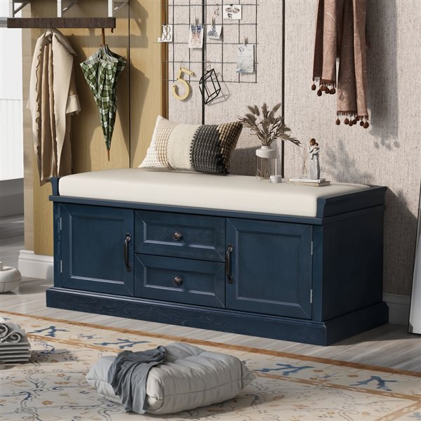 Homy Casa 42.5-in L Antique Navy Wood 2-Door 2-Drawer Entryway Storage Bench w/ Beige Cushion