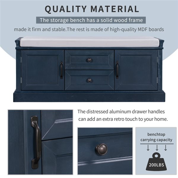 Homy Casa 42.5-in L Antique Navy Wood 2-Door 2-Drawer Entryway Storage Bench w/ Beige Cushion