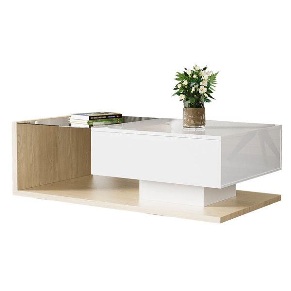 Homy Casa 41.5 x 21.5-in Gloss White/Natural Particleboard Coffee Table w/ Glass Tabletop and LED