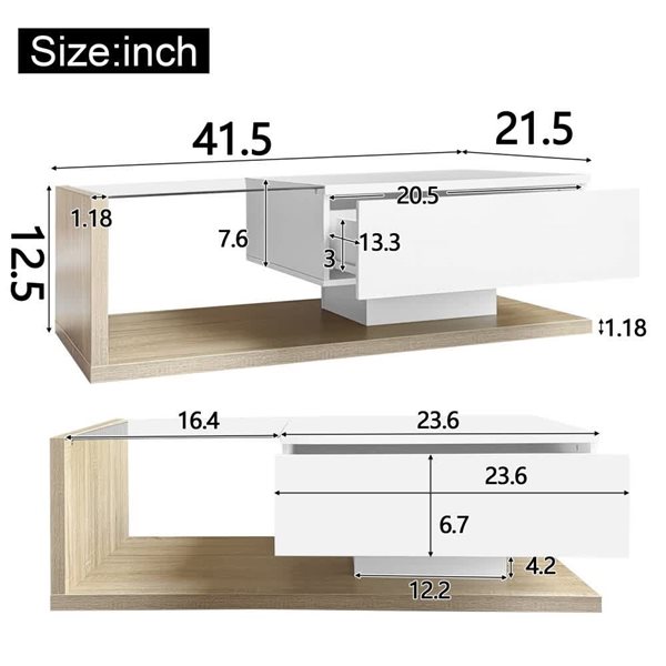 Homy Casa 41.5 x 21.5-in Gloss White/Natural Particleboard Coffee Table w/ Glass Tabletop and LED