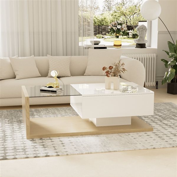 Homy Casa 41.5 x 21.5-in Gloss White/Natural Particleboard Coffee Table w/ Glass Tabletop and LED