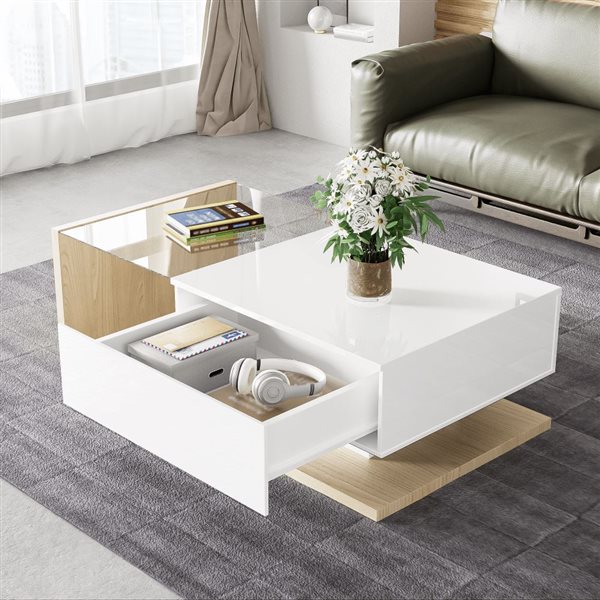 Homy Casa 41.5 x 21.5-in Gloss White/Natural Particleboard Coffee Table w/ Glass Tabletop and LED