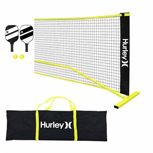 Hurley Pickleball Set w/ Net + Paddles + Balls and Carry Bag - White and Yellow