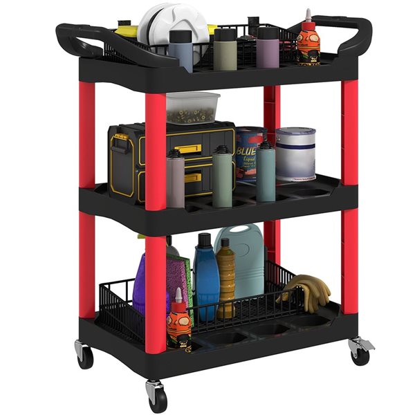 HOMCOM 3-Tier Rolling Tool Cart w/ Handle - Black and Red