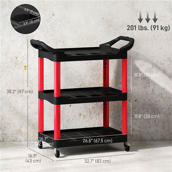 HOMCOM 3-Tier Rolling Tool Cart w/ Handle - Black and Red