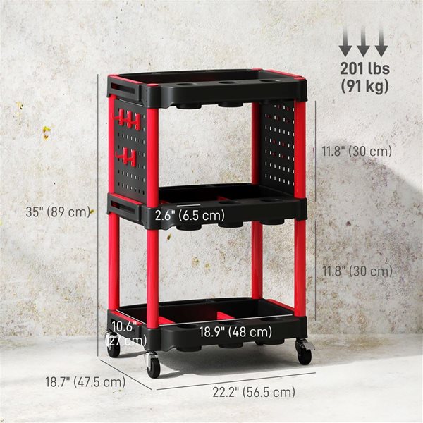 HOMCOM 3-Tier Rolling Tool Cart w/ Tool Trays and Peg Boards - Black and Red
