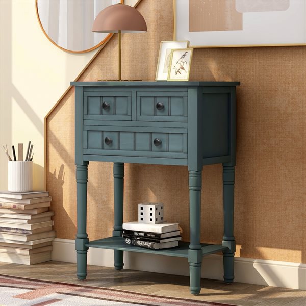 Homy Casa 23.7-in W Navy Wood/MDF Narrow Console Table w/ 3 Drawers and Bottom Shelf