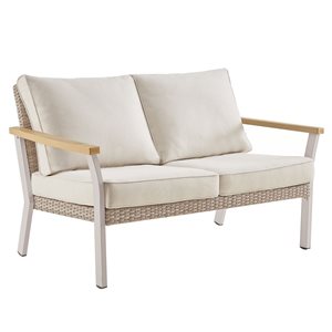 SONGMICS HOME Sencillo 2-Seat Cream Steel and Rattan Cushioned Outdoor Loveseat