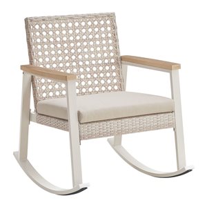 SONGMICS HOME Sencillo Cream Rattan Outdoor Steel Rocking Chair w/ Cushions