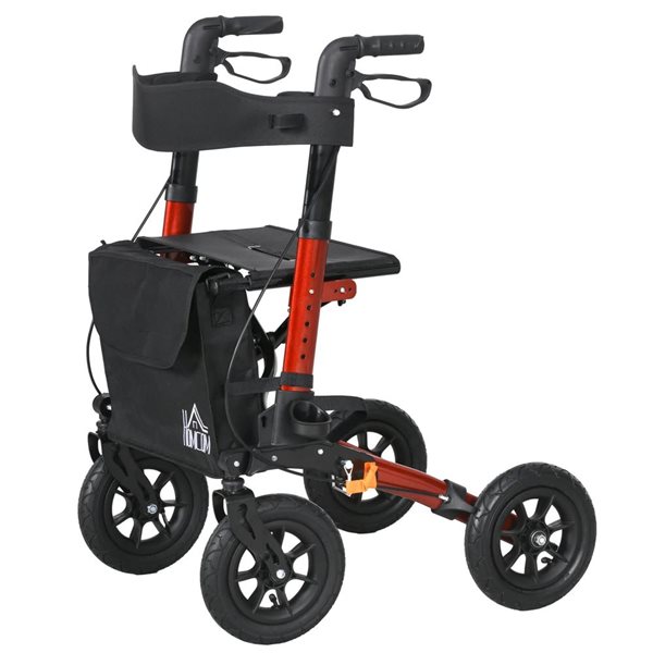 HOMCOM Red Folding Adjustable Rollator Walker with Seat and 10-in Rubber Wheels
