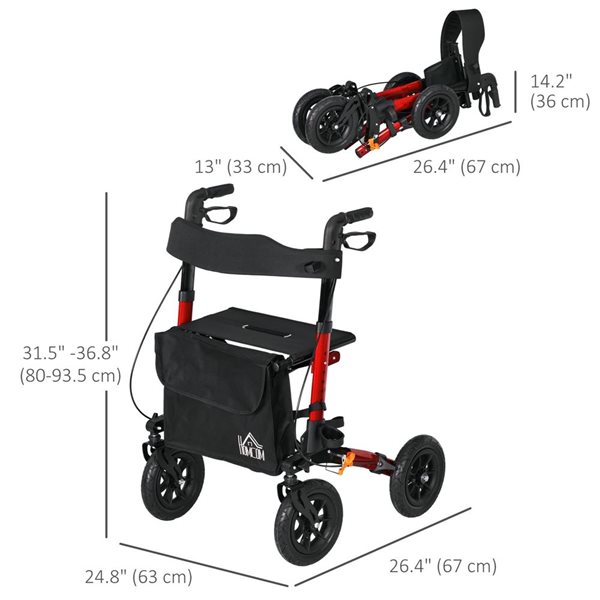 HOMCOM Red Folding Adjustable Rollator Walker with Seat and 10-in Rubber Wheels