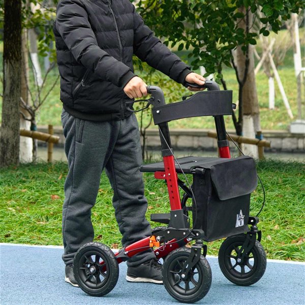 HOMCOM Red Folding Adjustable Rollator Walker with Seat and 10-in Rubber Wheels