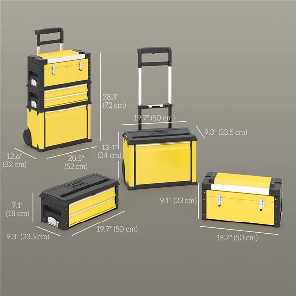 HOMCOM 3-in-1 Yellow Steel Stackable Tool Box Storage System