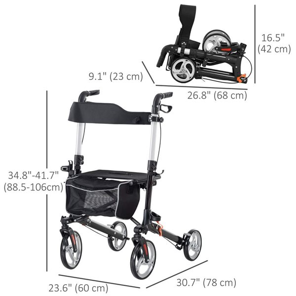 HOMCOM Black Folding Rollator Walker with Large Seat and Backrest
