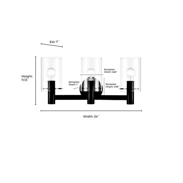 Millennium Lighting Apolla 3-Light Matte Black Vanity w/ Clear Cylinder Glass Shades
