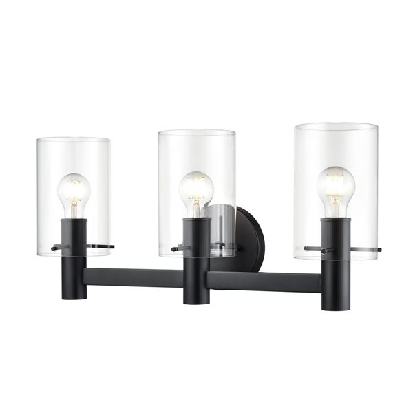 Millennium Lighting Apolla 3-Light Matte Black Vanity w/ Clear Cylinder Glass Shades