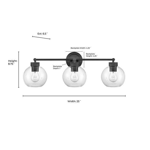 Millennium Lighting Jonatan 3-Light Matte Black Vanity w/ Clear Globe Glass Shades
