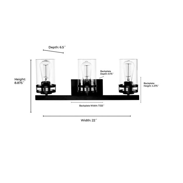 Millenium Lighting Lunden 3-Light Clear Glass Cylinder Vanity Light - Matte Black