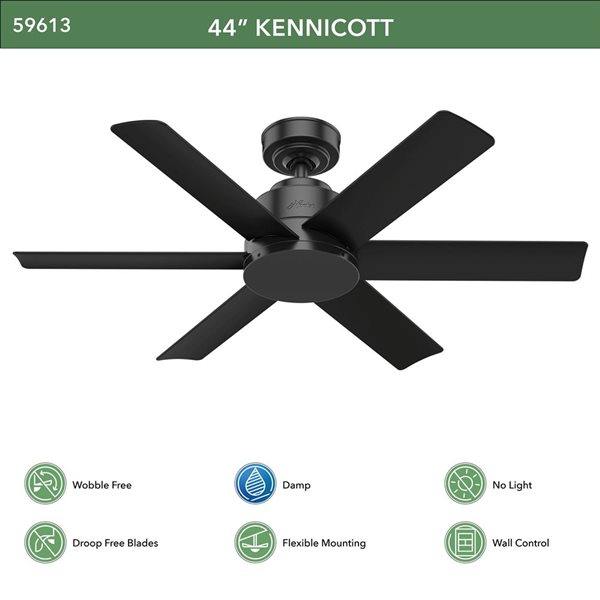 Hunter Kennicott 44-in Matte Black Ceiling Fan
