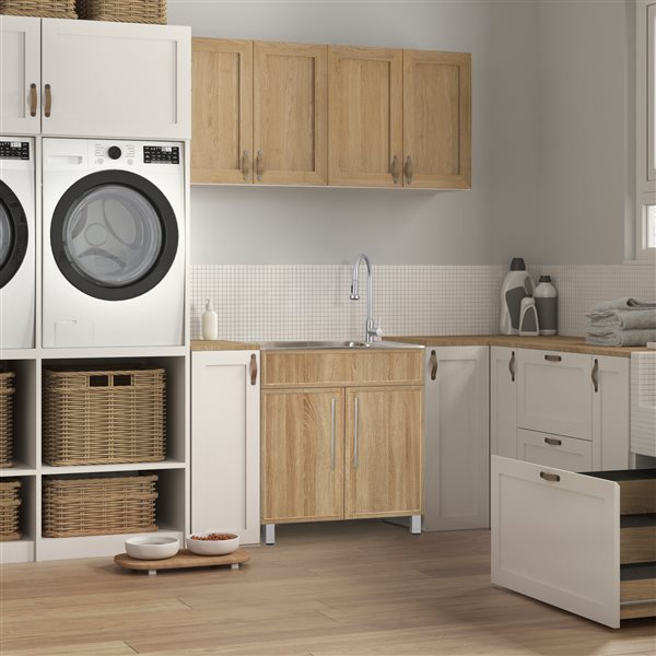 PRESENZA All-In-One 28 W X 22-in D Stainless Steel Utility Sink w/ Pull-Down Faucet and Storage Cabinet - Oak