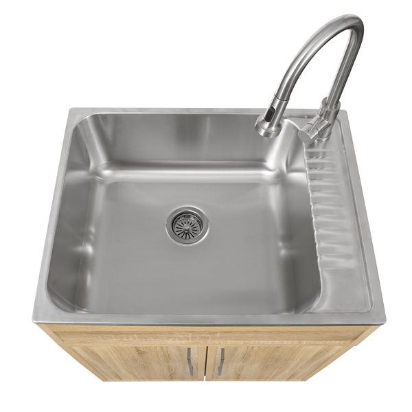 PRESENZA All-In-One 28 W X 22-in D Stainless Steel Utility Sink w/ Pull-Down Faucet and Storage Cabinet - Oak