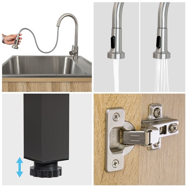 PRESENZA All-In-One 28 W X 22-in D Stainless Steel Utility Sink w/ Pull-Down Faucet and Storage Cabinet - Oak