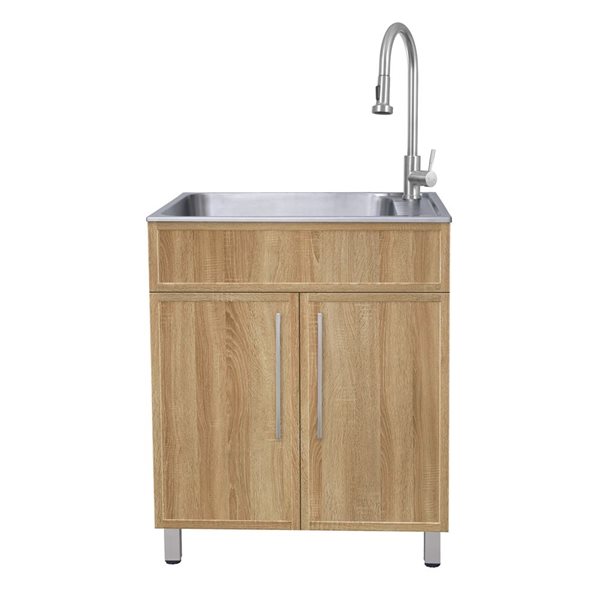 PRESENZA All-In-One 28 W X 22-in D Stainless Steel Utility Sink w/ Pull-Down Faucet and Storage Cabinet - Oak