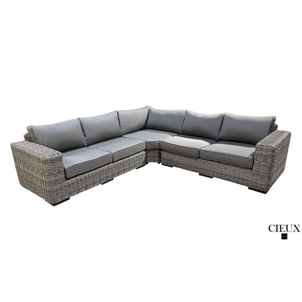 CIEUX Champagne Outdoor Patio Grey Wicker Corner Sectional Sofa with Sunbrella Cushions