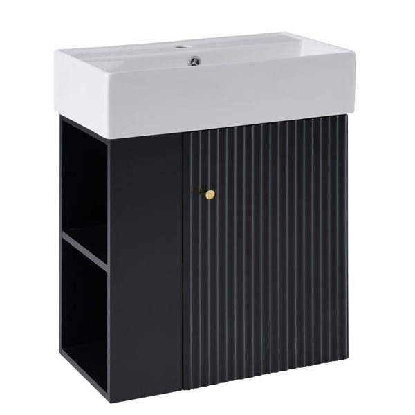 Homy Casa 21.6-in Modern Wall-Mount Bathroom Vanity w/ Ceramic Sink and Left Side Storage - Black