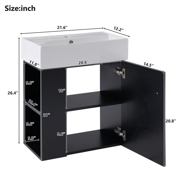 Homy Casa 21.6-in Modern Wall-Mount Bathroom Vanity w/ Ceramic Sink and Left Side Storage - Black