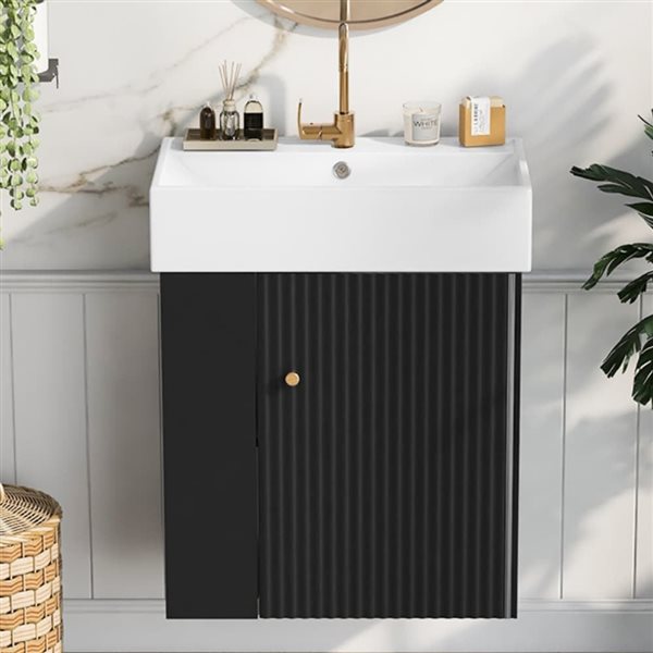 Homy Casa 21.6-in Modern Wall-Mount Bathroom Vanity w/ Ceramic Sink and Left Side Storage - Black
