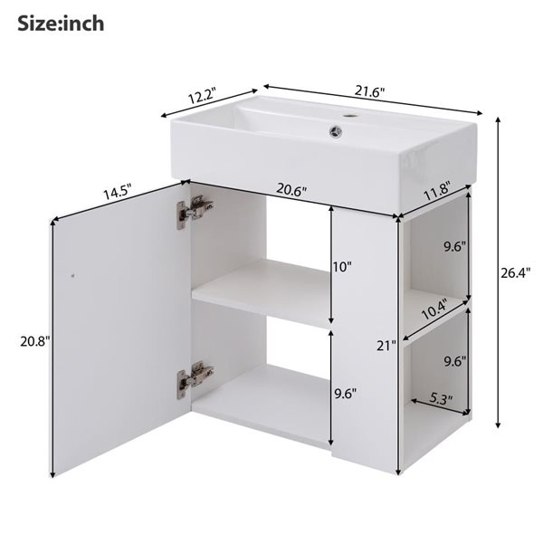 Homy Casa 21.6-in Modern Wall-Mount Bathroom Vanity w/ Ceramic Sink and Right Side Storage - White