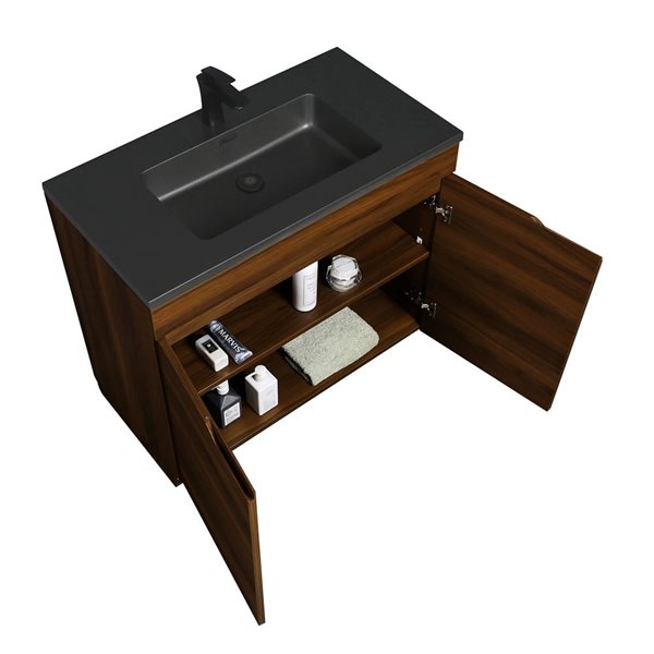 GEF Arthur 36-in Freestanding Walnut Vanity with Black Engineered Quartz Countertop