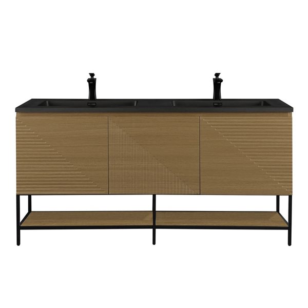 GEF Samantha 60-in Floating Light Oak Vanity with Open Shelf and Black Engineered Quartz Countertop