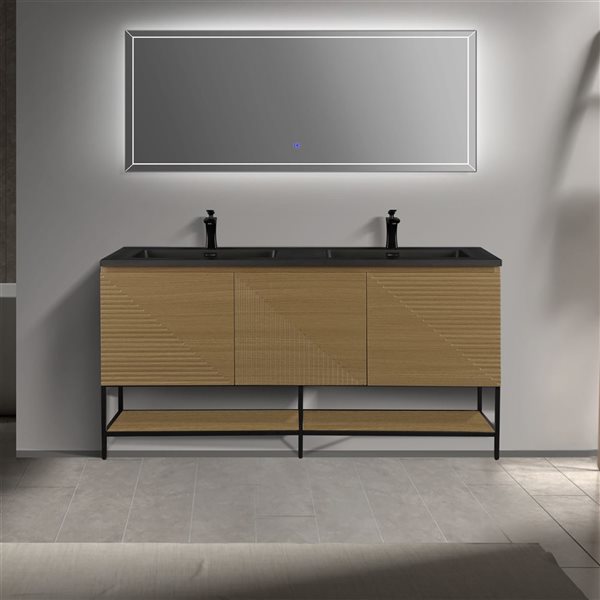 GEF Samantha 60-in Floating Light Oak Vanity with Open Shelf and Black Engineered Quartz Countertop