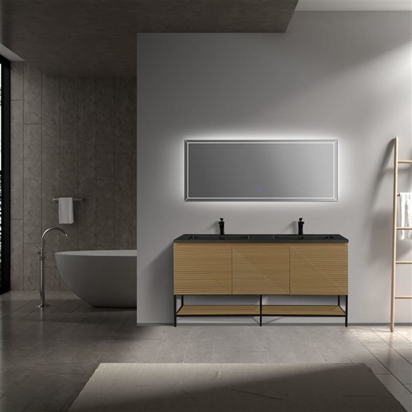 GEF Samantha 60-in Floating Light Oak Vanity with Open Shelf and Black Engineered Quartz Countertop